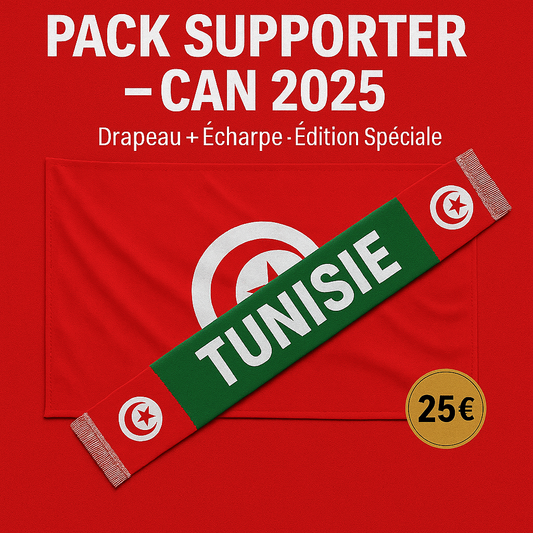 🇹🇳 Pack Supporter Tunisie – Édition Spéciale CAN 2025 (Drapeau + Écharpe)  Prix : 25 €